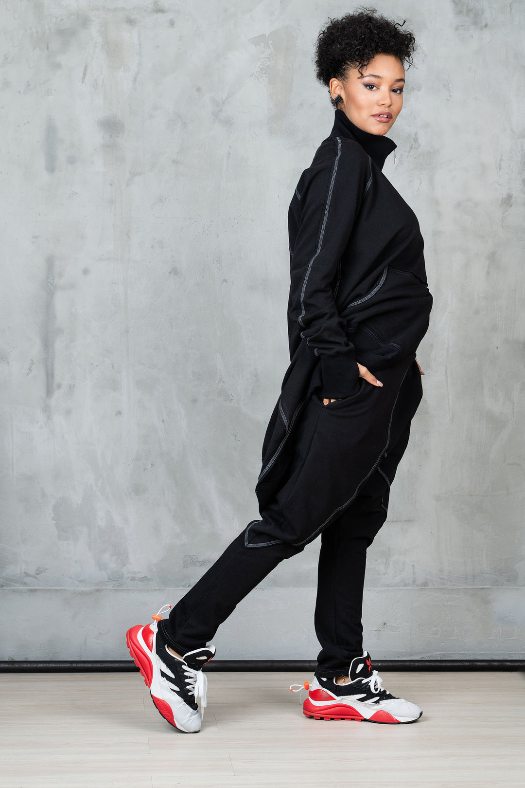 Black Asymmetrical Tracksuit Set - Oversized Sweatshirt and Harem Pants