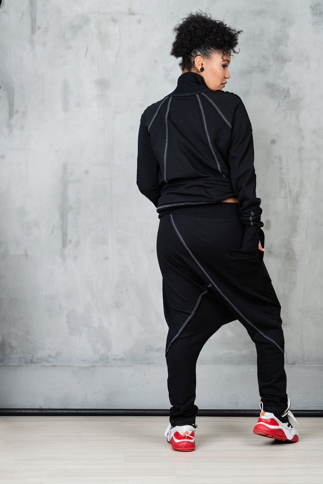 Black Asymmetrical Tracksuit Set - Oversized Sweatshirt and Harem Pants