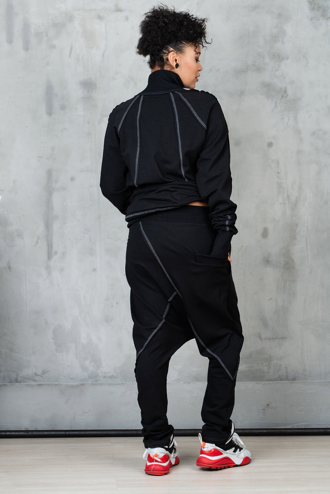 Black Asymmetrical Tracksuit Set - Oversized Sweatshirt and Harem Pants