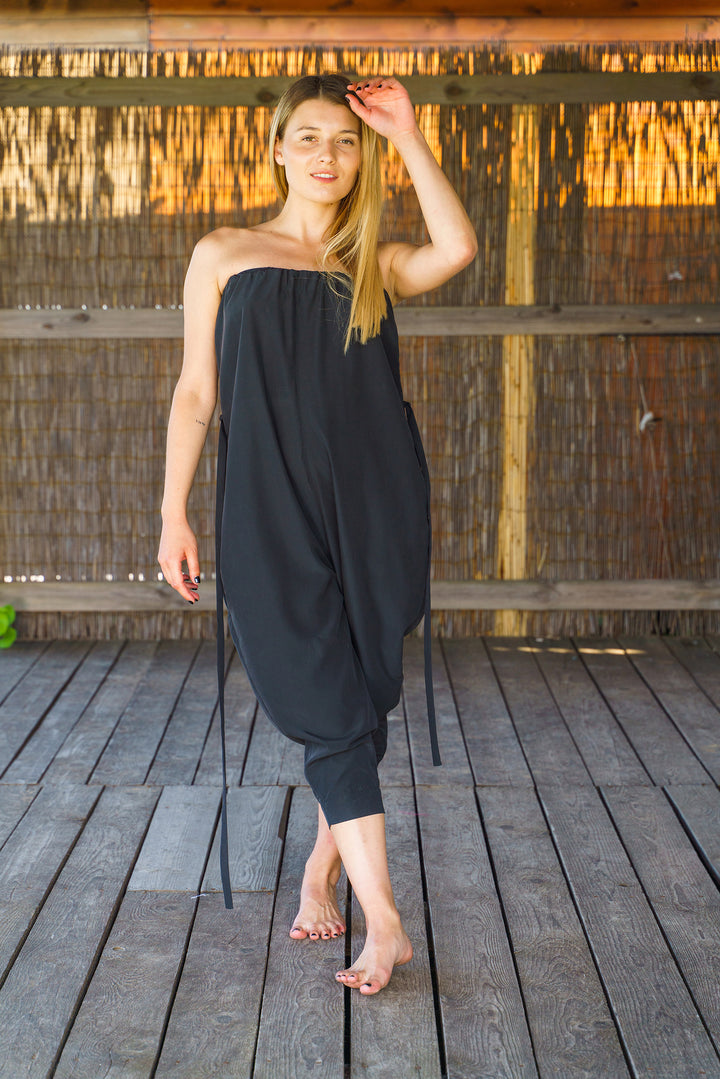 Black Harem Strapless Jumpsuit