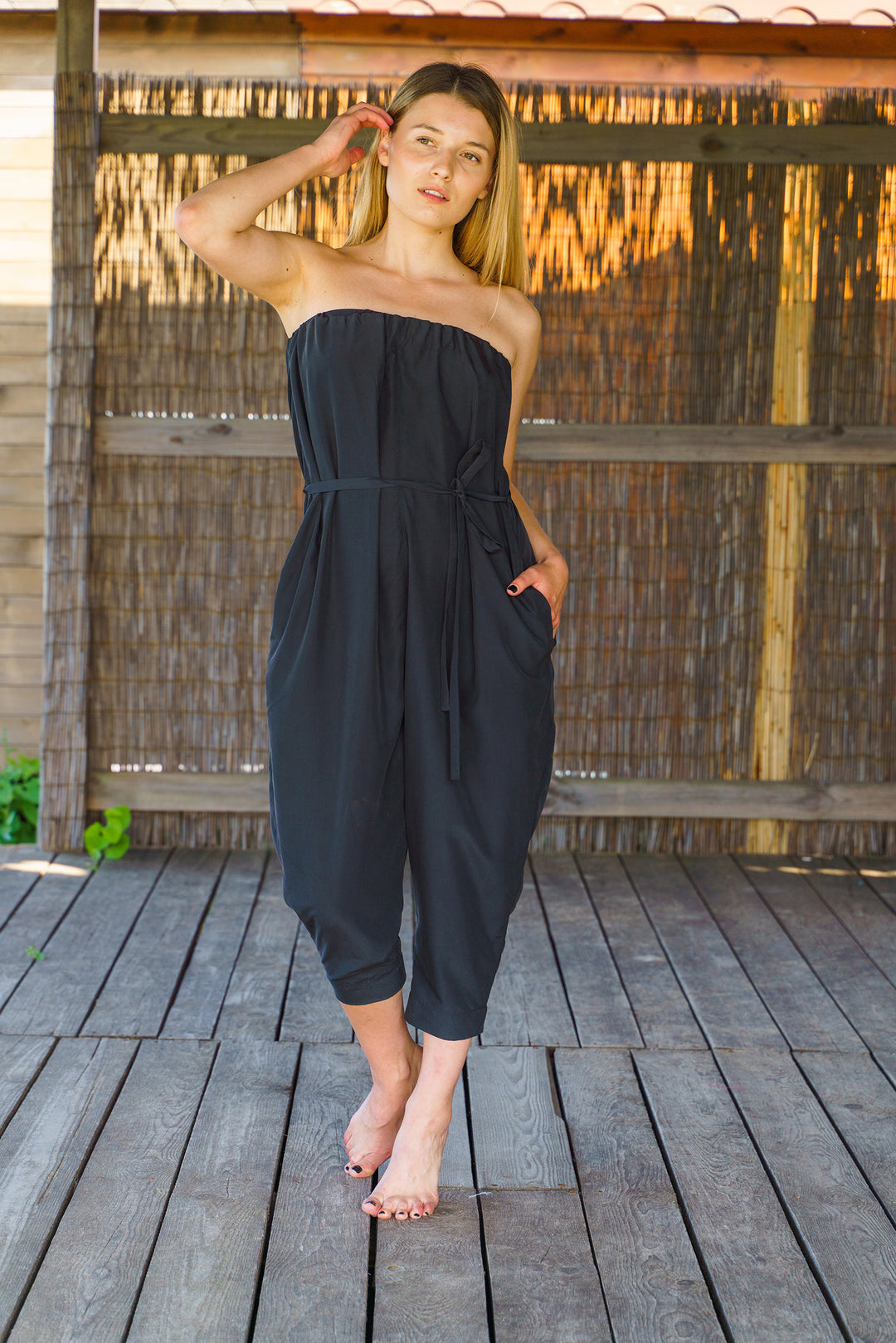 Black Harem Strapless Jumpsuit