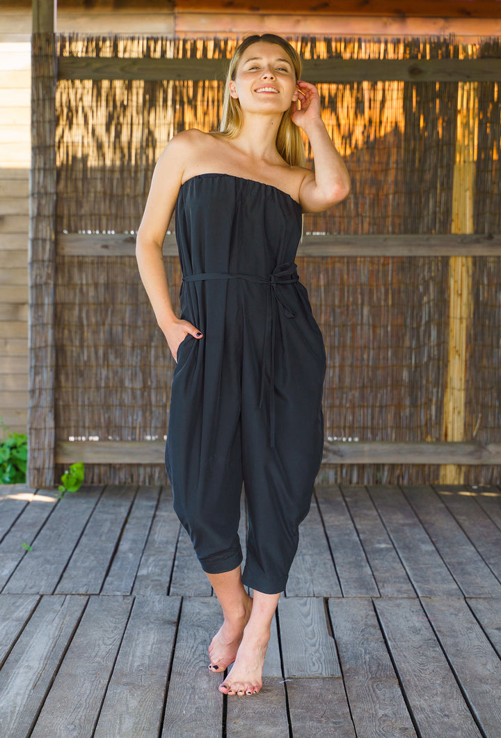 Black Harem Strapless Jumpsuit