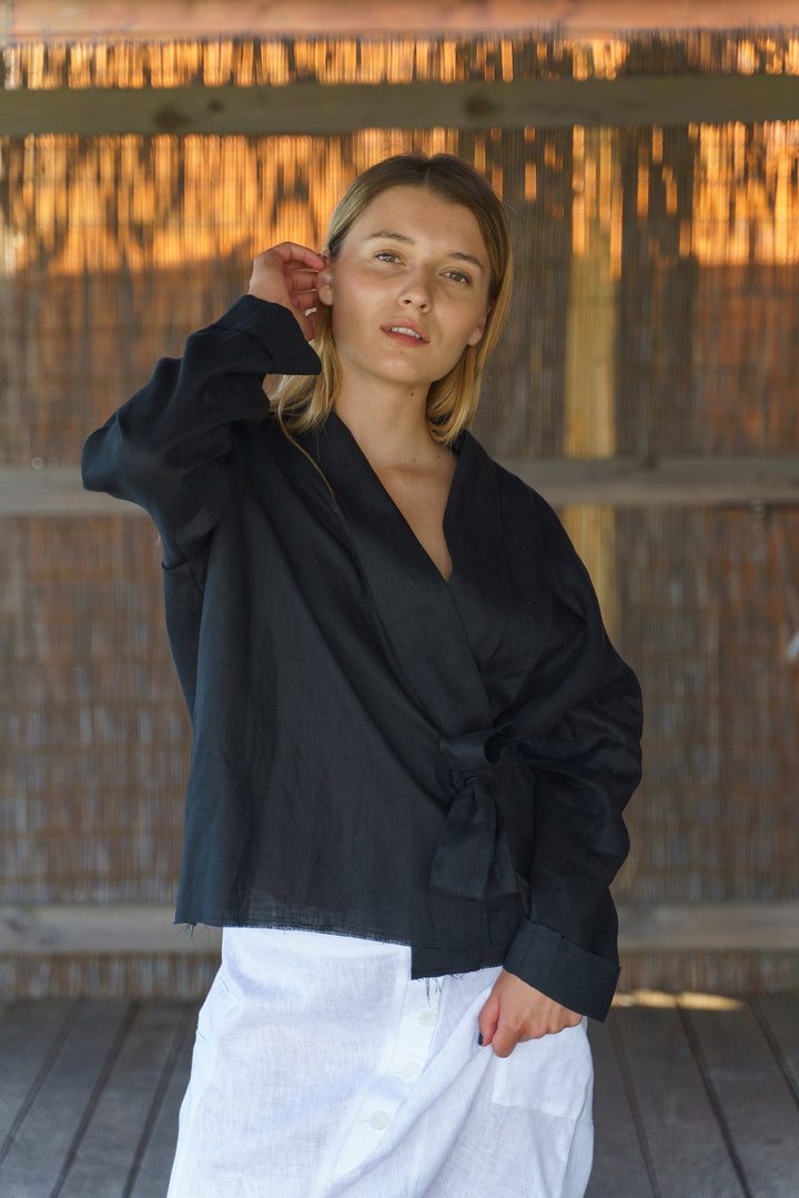 Black Linen Kimono Blazer Women's