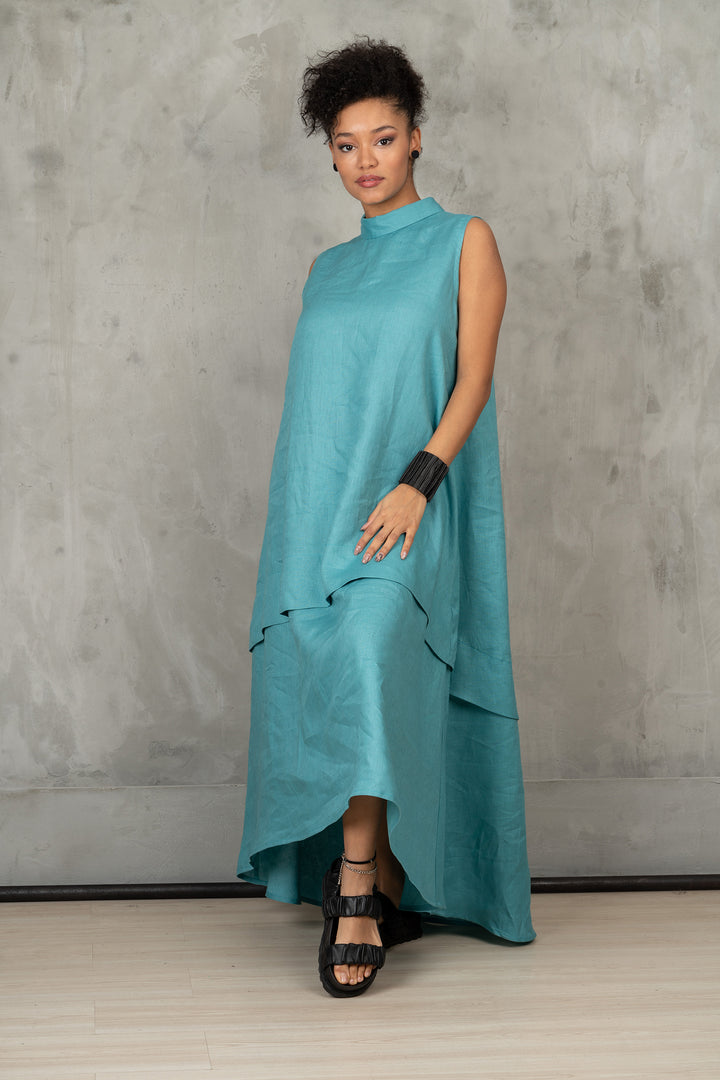 Turquoise Asymmetrical Linen Dress