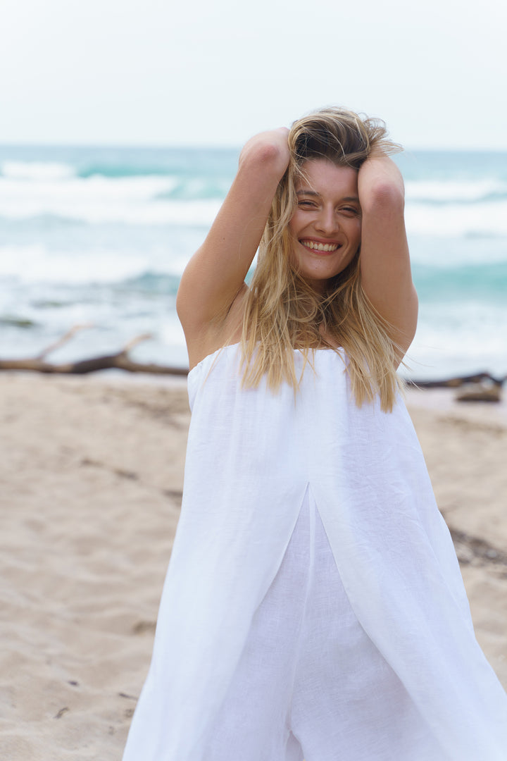 White Strapless Boho Linen Jumpsuit