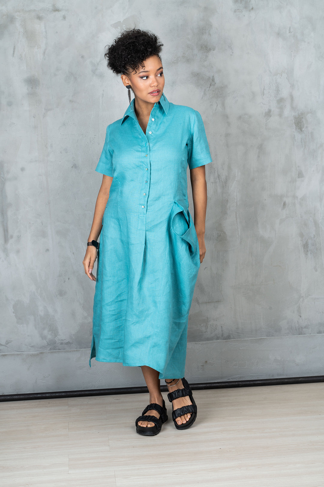 Blue Green Linen Shirt Dress