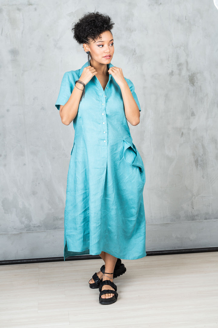 Blue Green Linen Shirt Dress