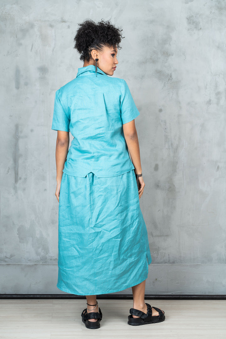 Blue Green Linen Shirt Dress