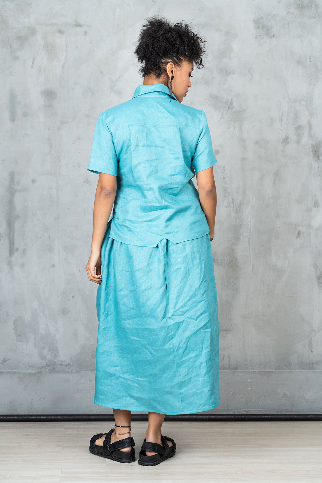 Blue Green Linen Shirt Dress