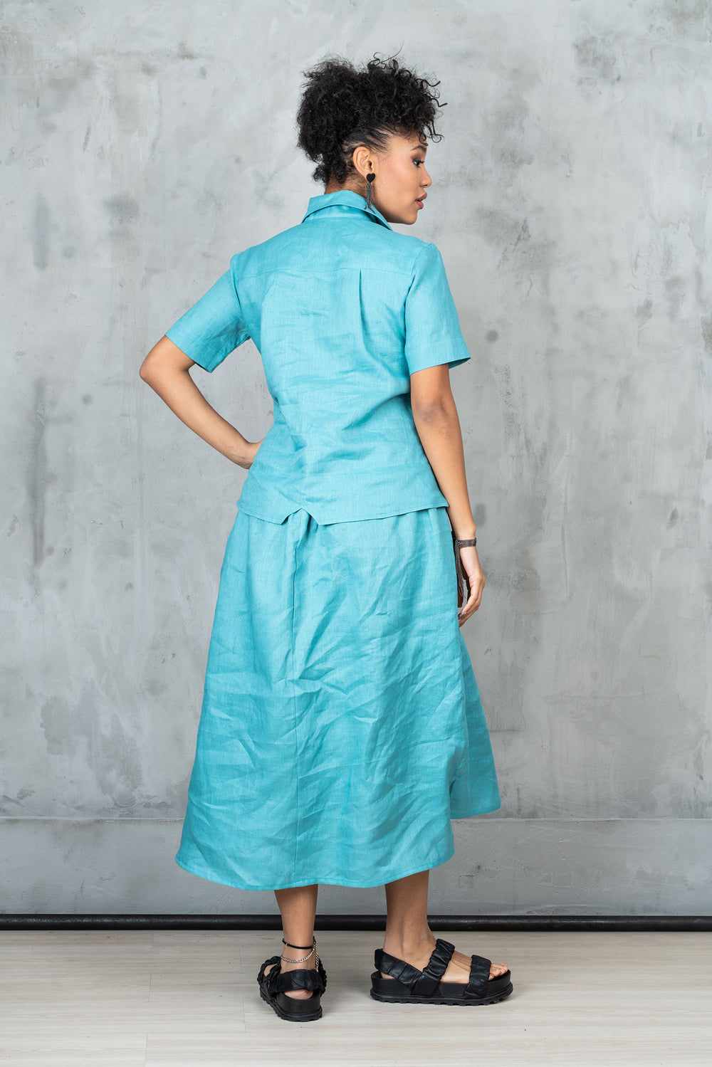 Blue Green Linen Shirt Dress