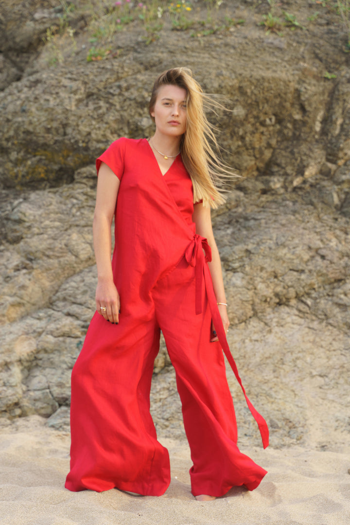 Brick Red Wrap Linen Jumpsuit Women