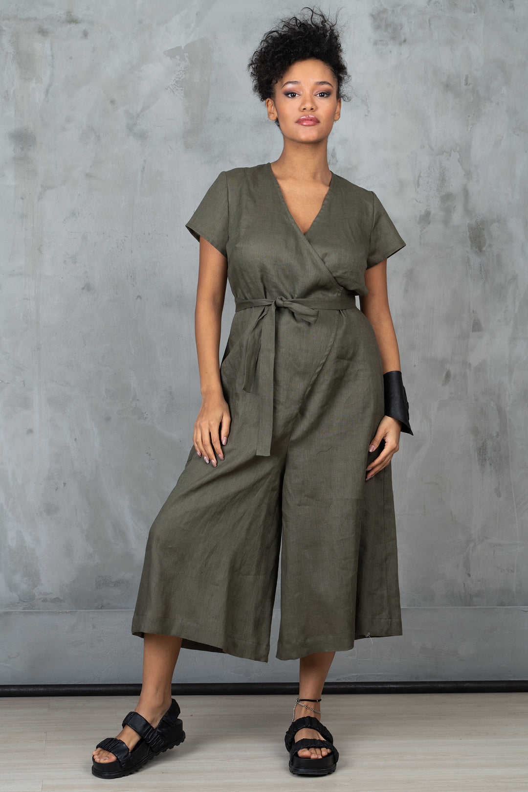 Khaki Green Linen Jumpsuit Women