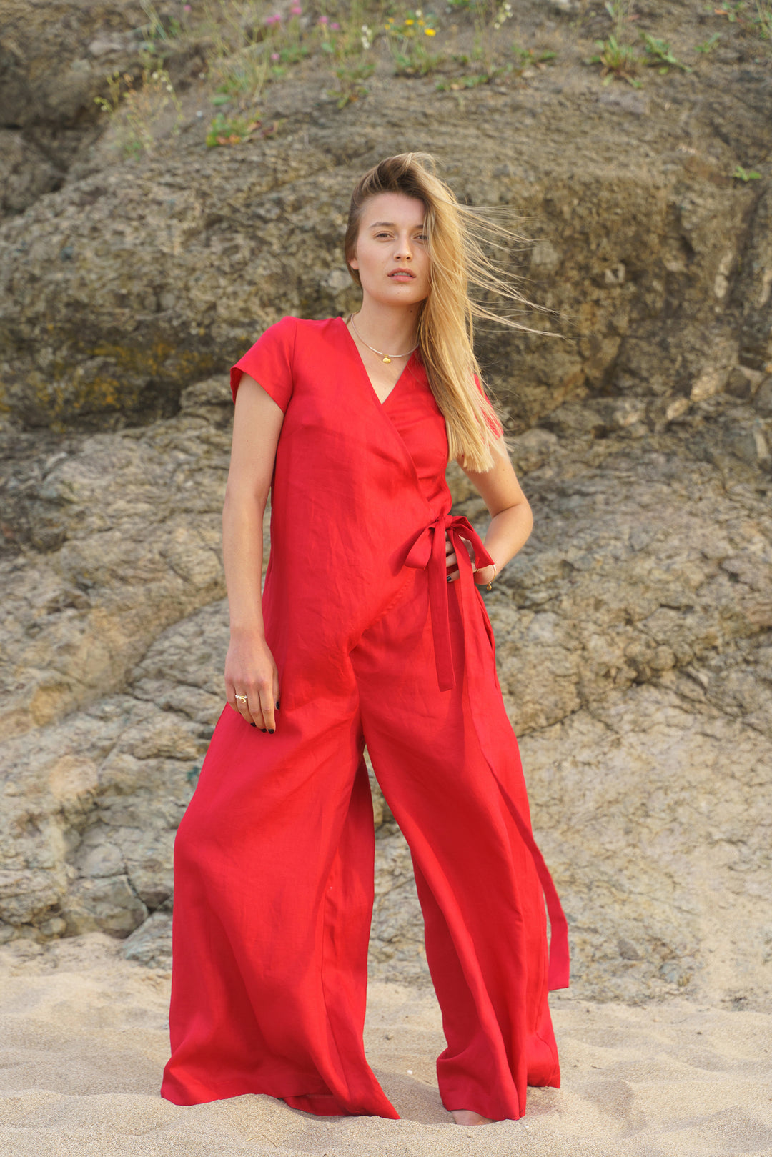 Brick Red Wrap Linen Jumpsuit Women