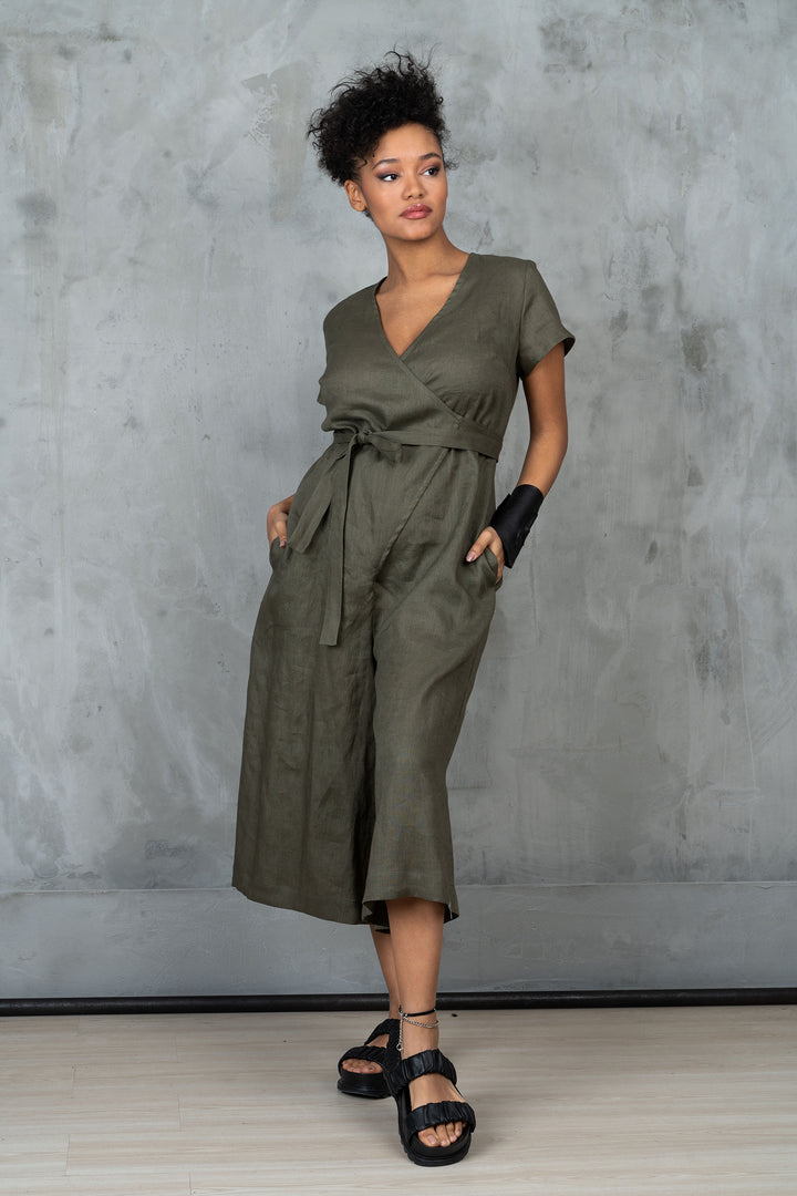 Khaki Green Linen Jumpsuit Women