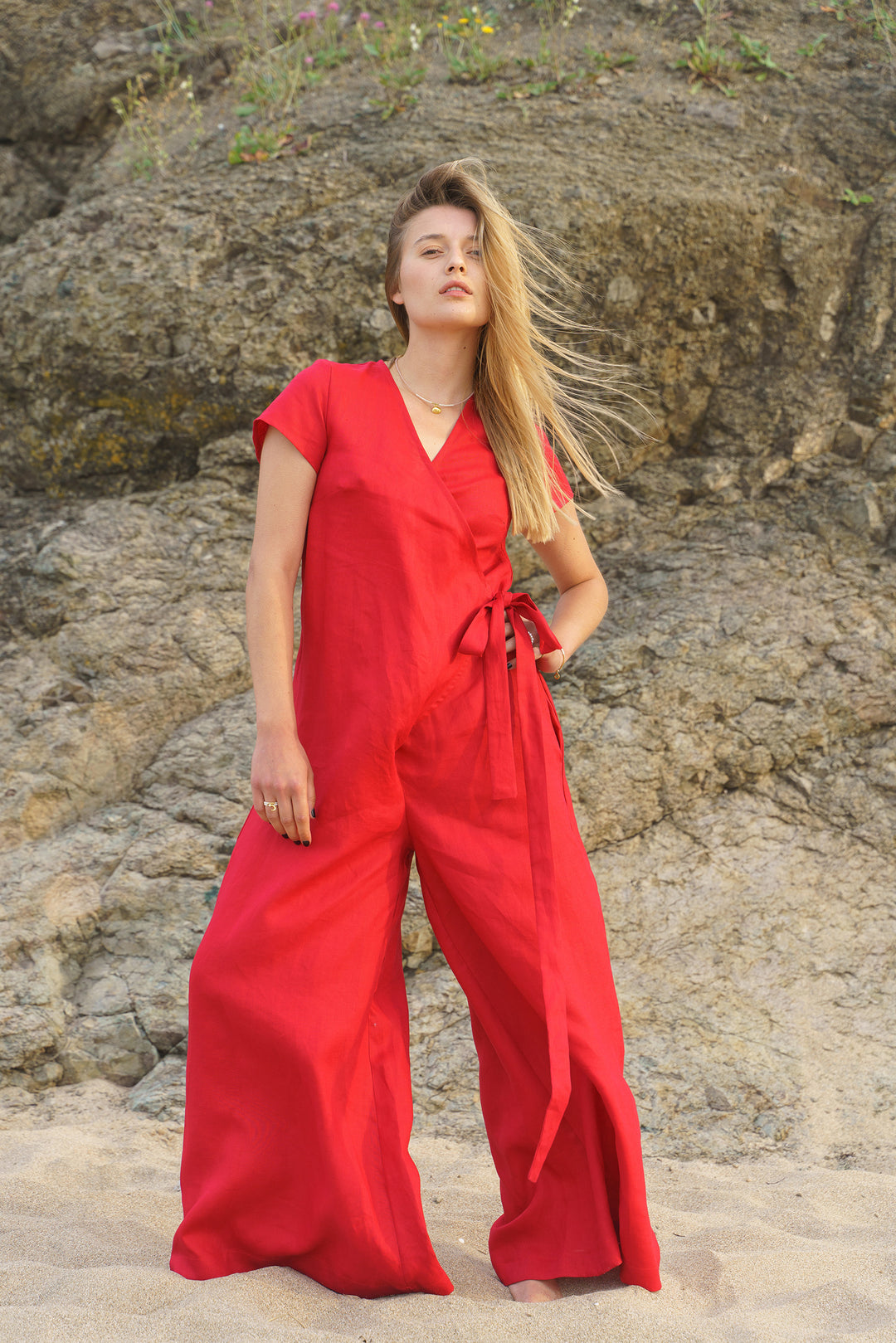 Brick Red Wrap Linen Jumpsuit Women