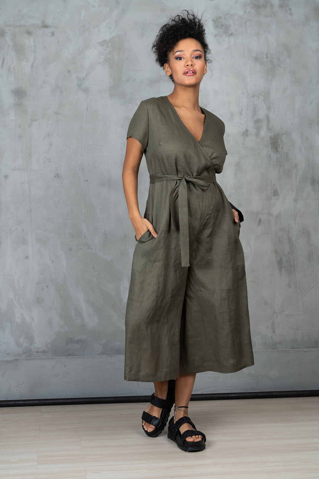 Khaki Green Linen Jumpsuit Women