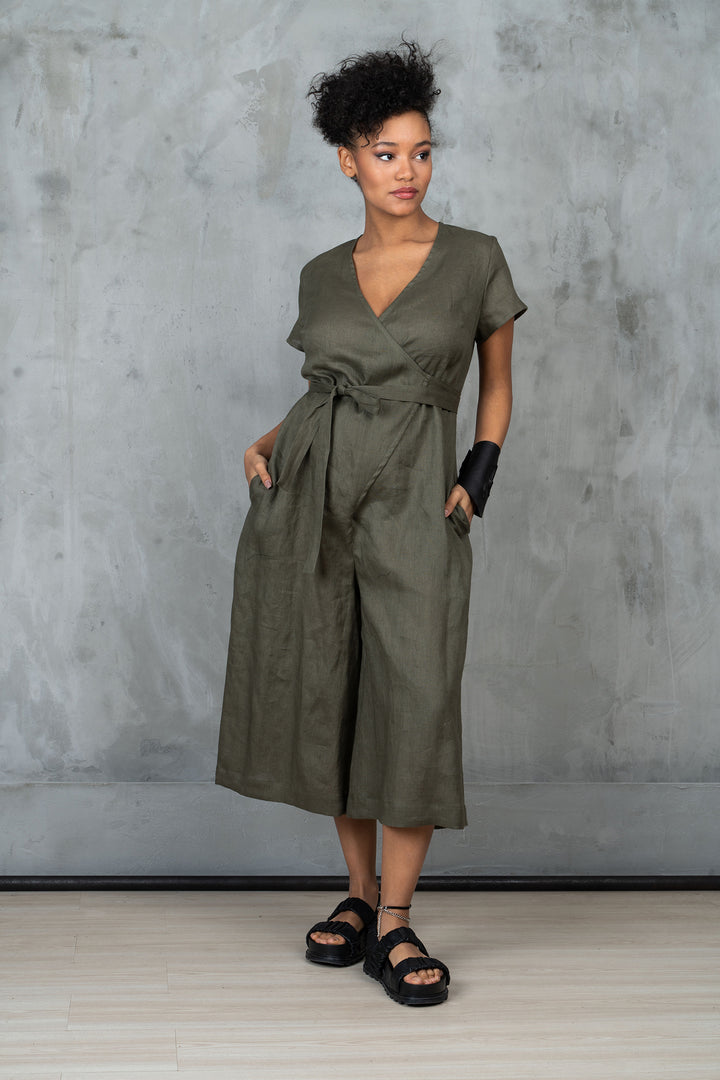 Khaki Green Linen Jumpsuit Women