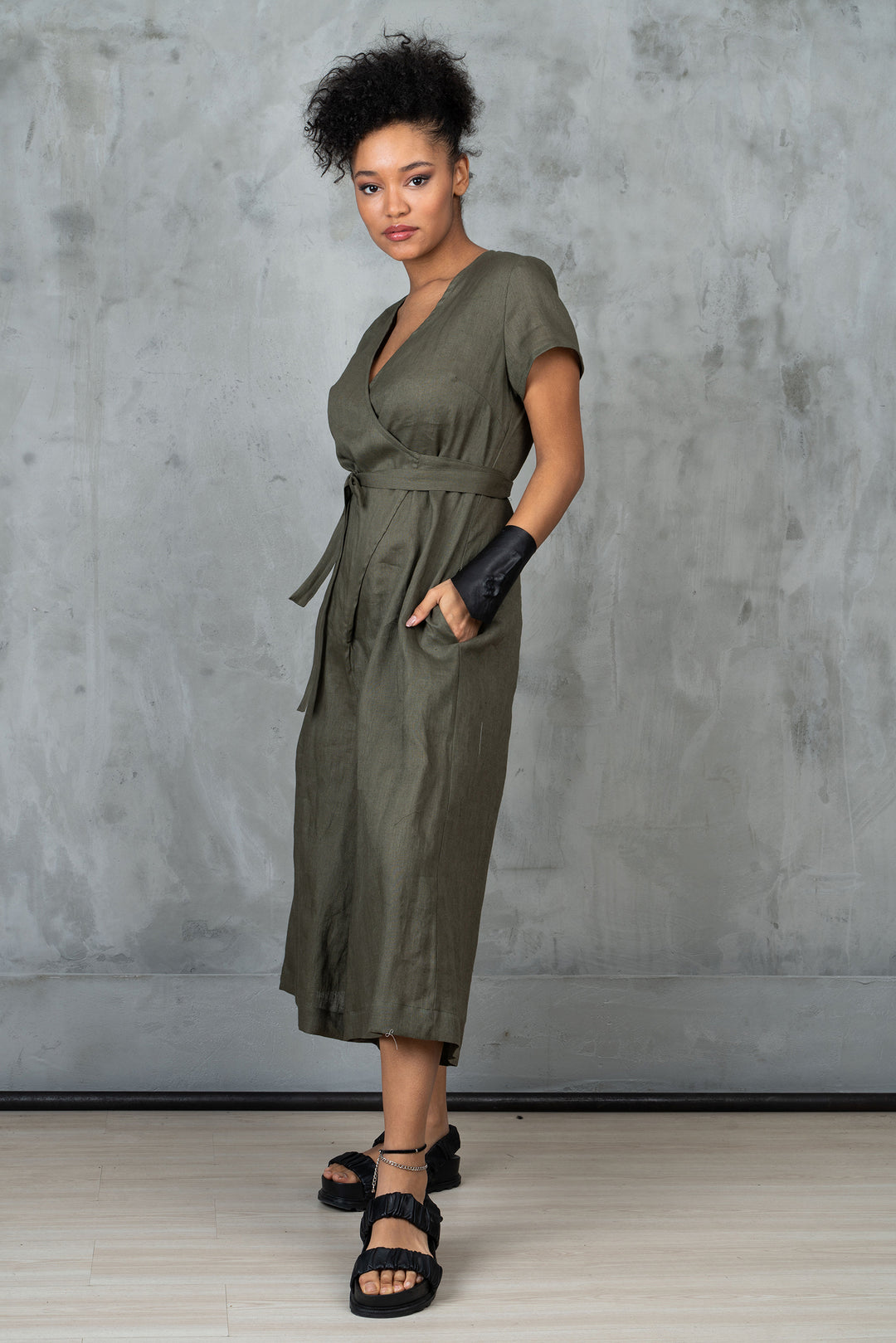 Khaki Green Linen Jumpsuit Women