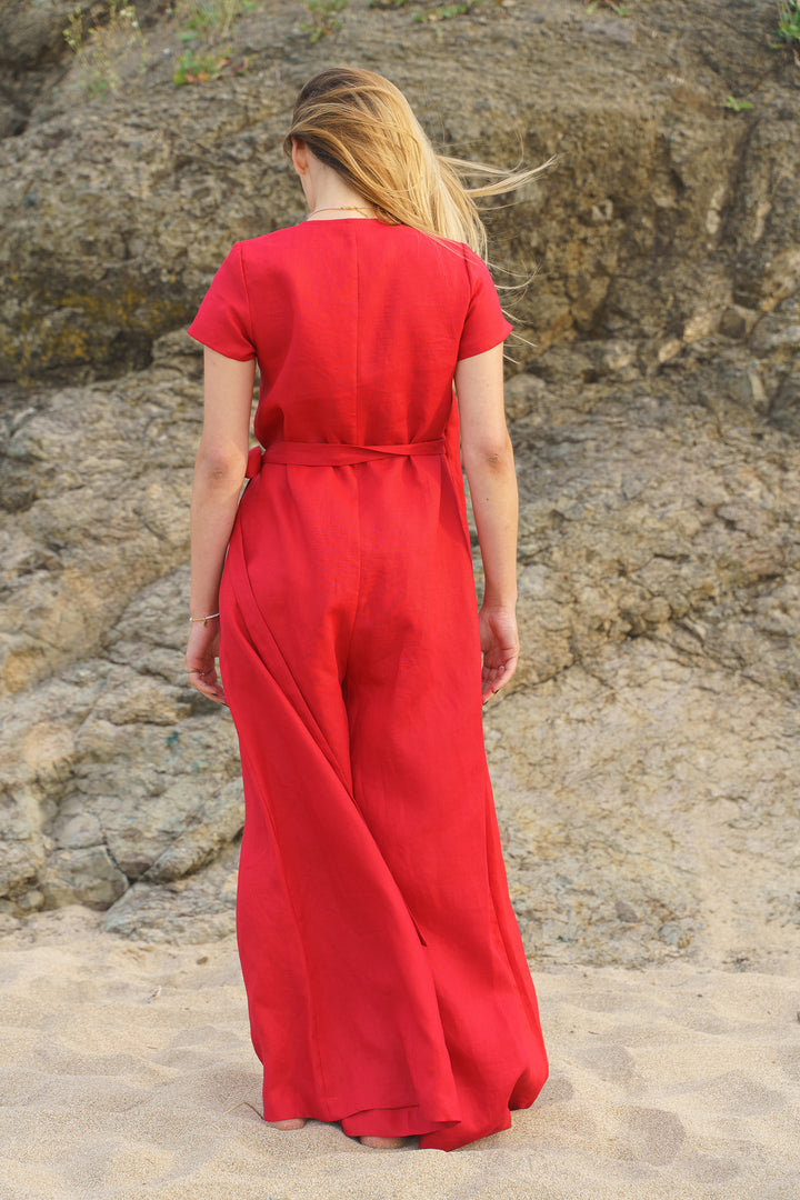 Brick Red Wrap Linen Jumpsuit Women