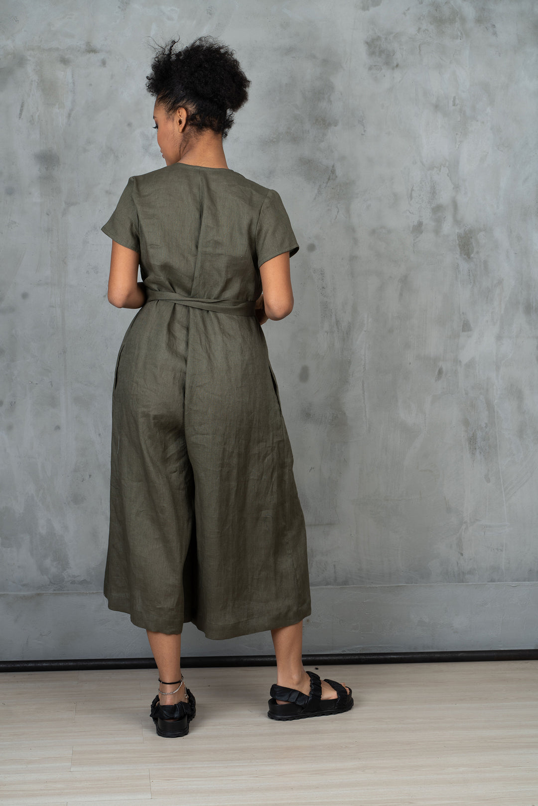 Khaki Green Linen Jumpsuit Women