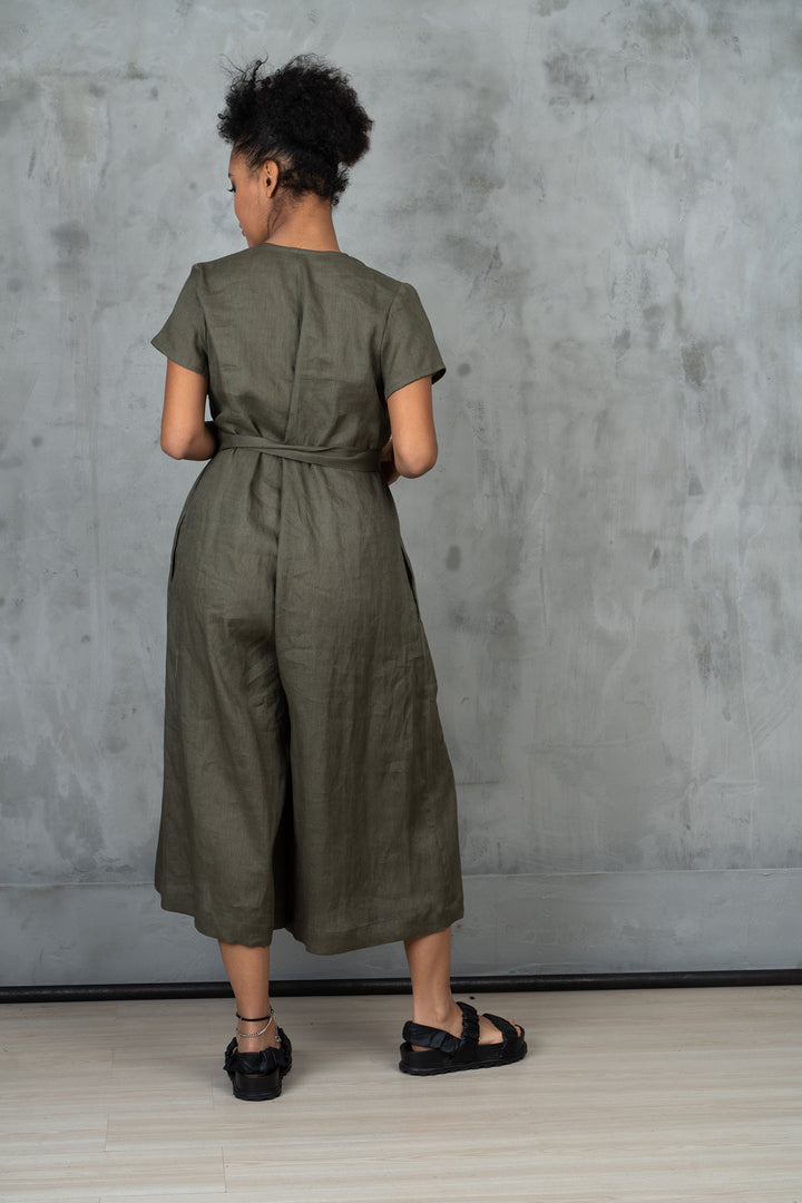 Khaki Green Linen Jumpsuit Women