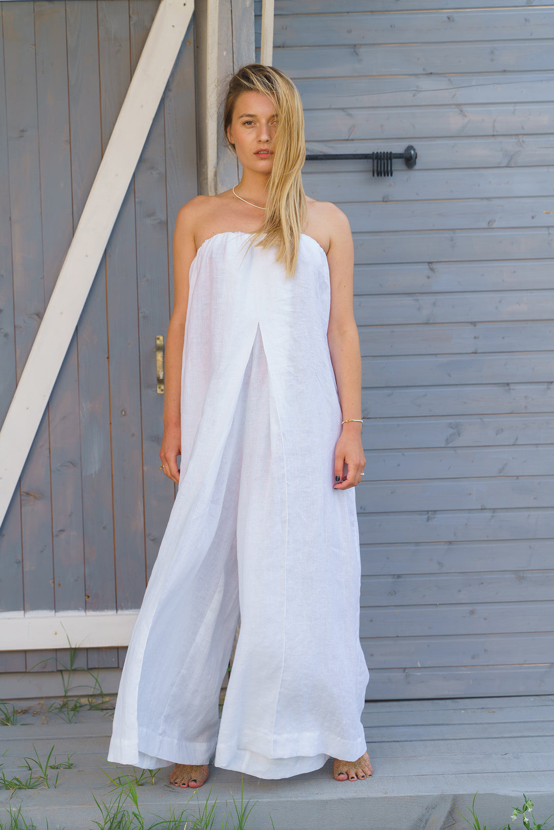 White Strapless Boho Linen Jumpsuit