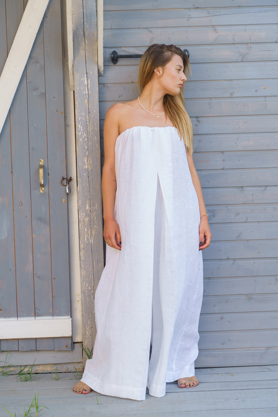 Strapless boho linen jumpsuit