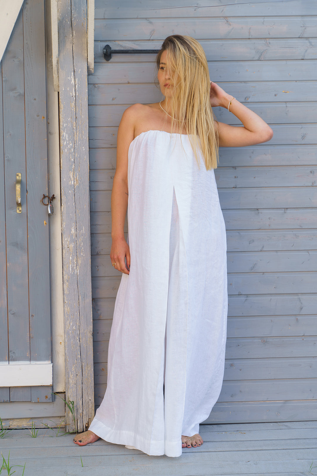 White Strapless Boho Linen Jumpsuit