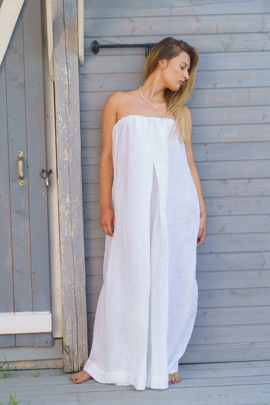 White Strapless Boho Linen Jumpsuit