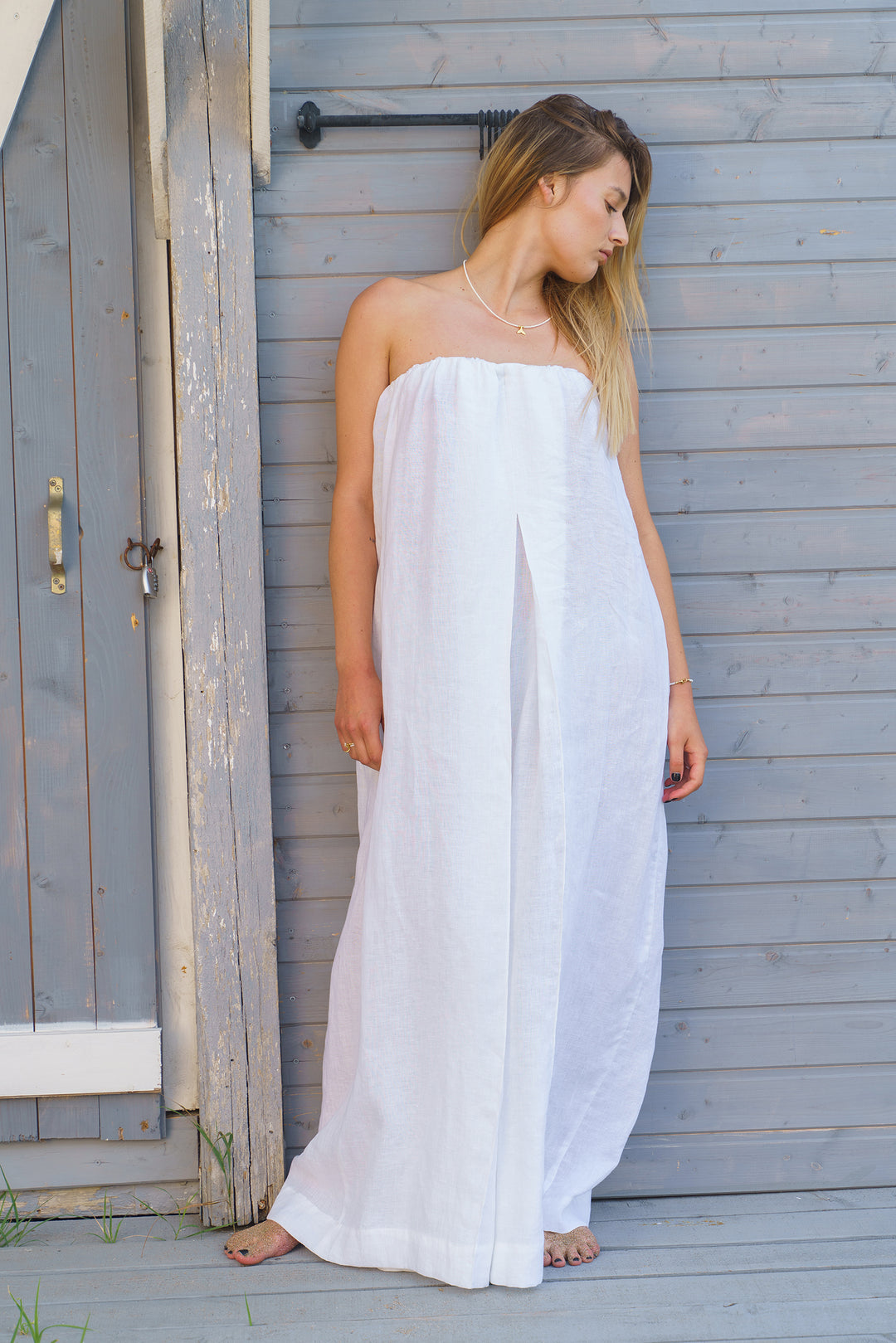 White Strapless Boho Linen Jumpsuit