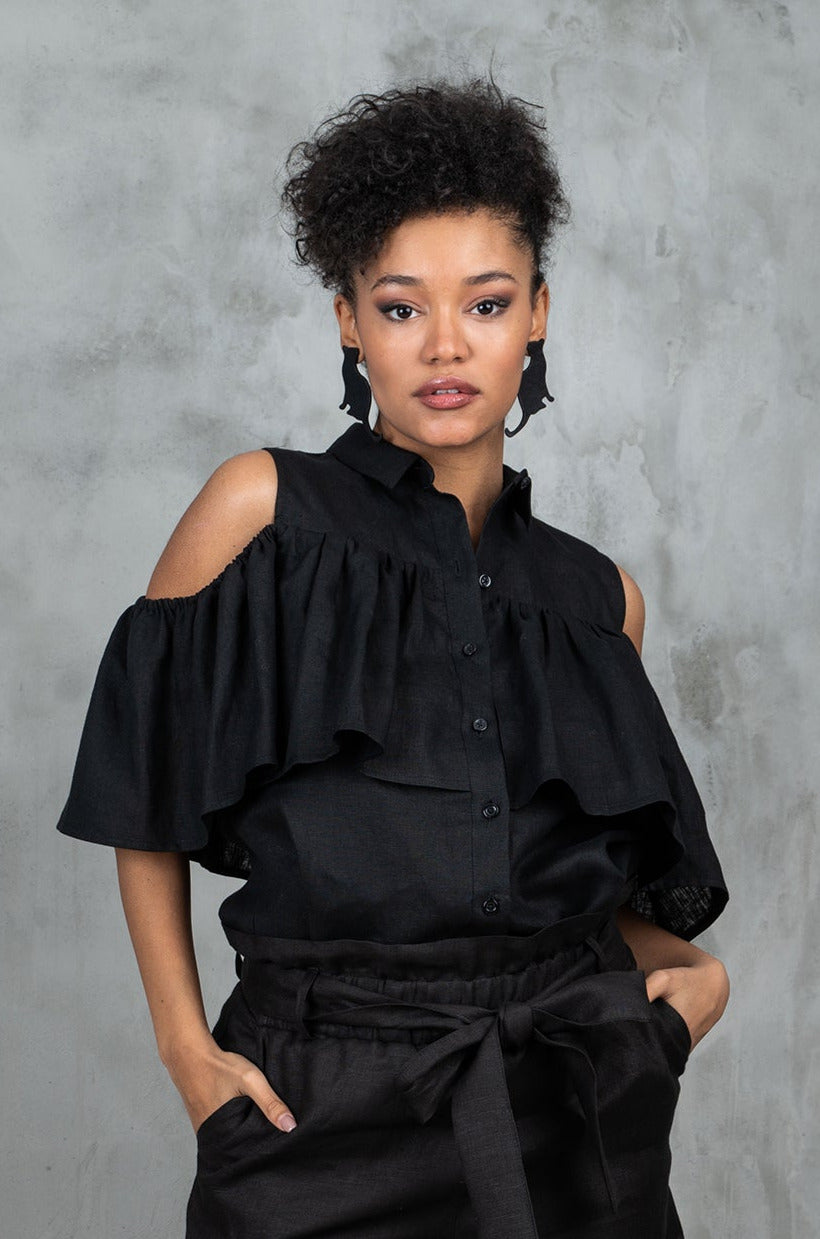 Black Linen Shirt with Ruffles