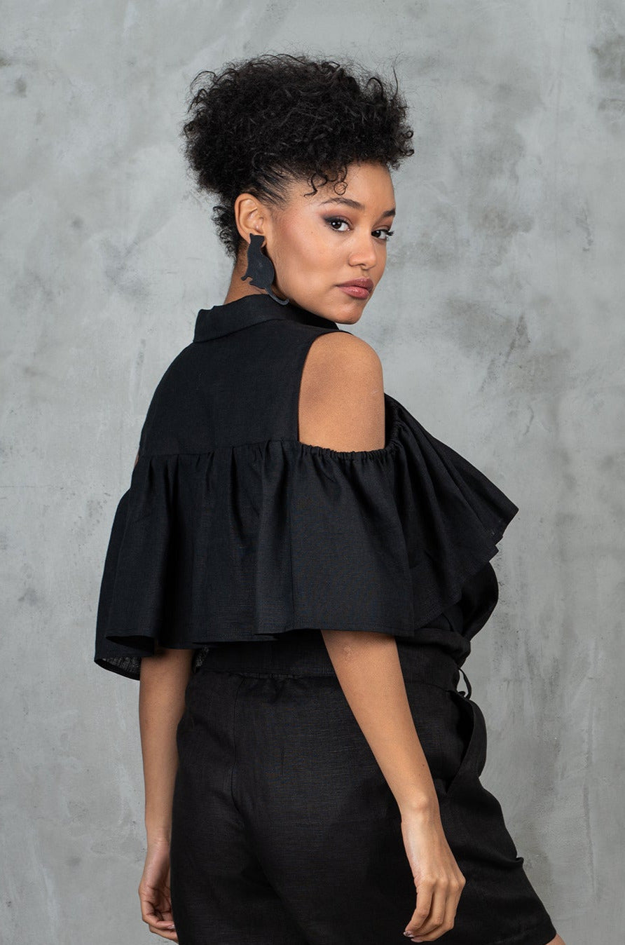 Black Linen Shirt with Ruffles