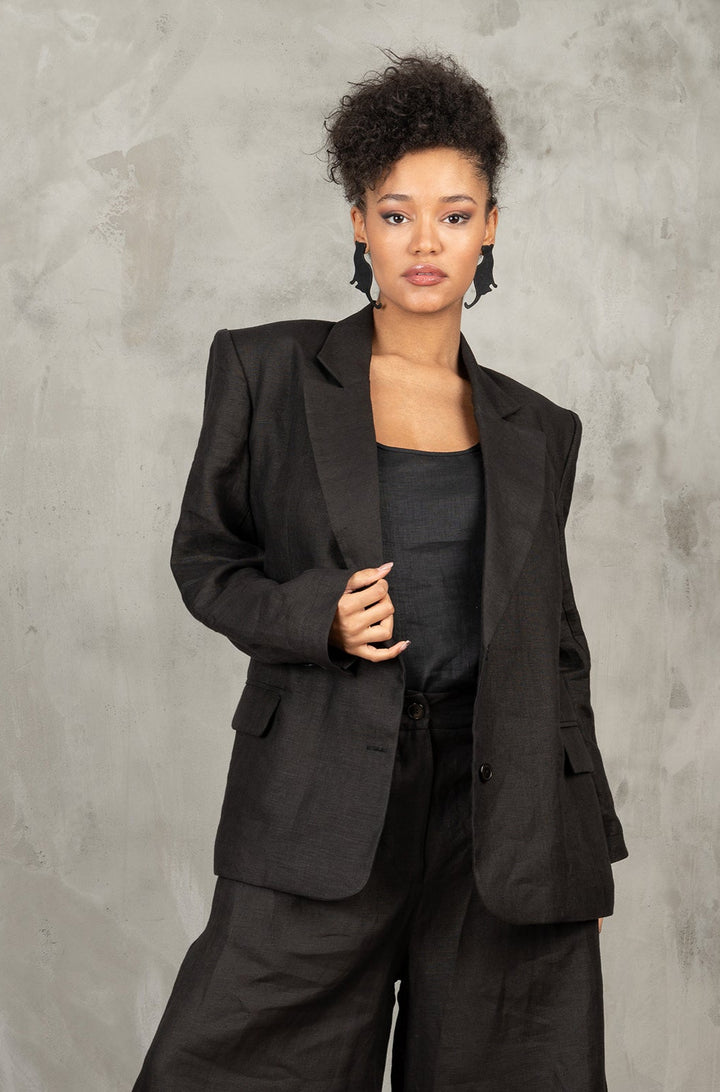 Women's Oversized Black Linen Blazer