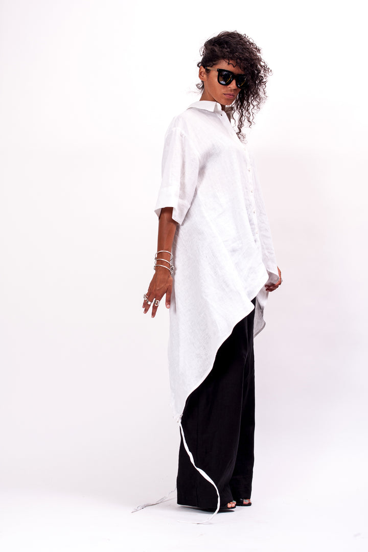 Oversized Asymmetrical White Linen Shirt