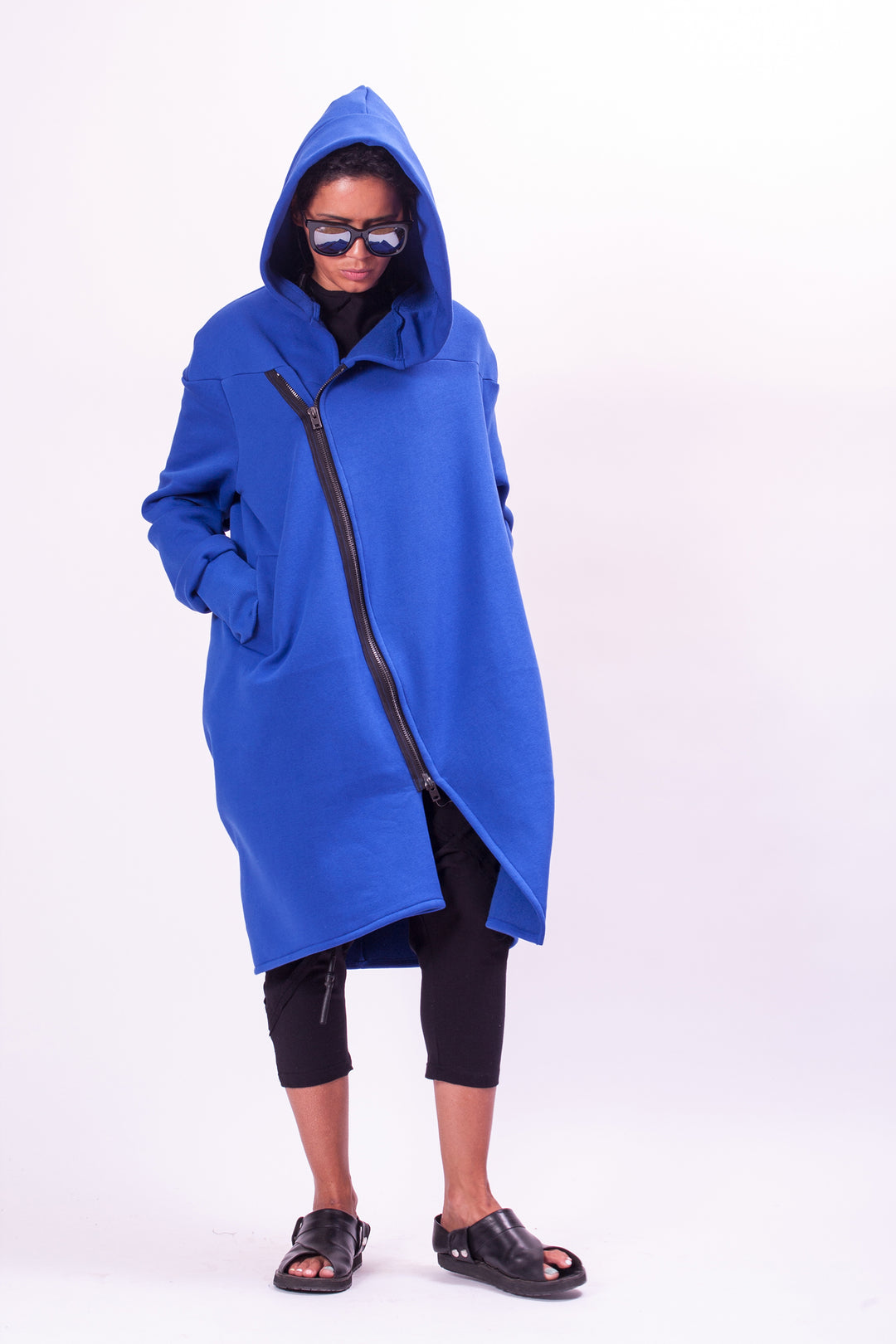 Blue Asymmetrical Hooded Sweatshirt