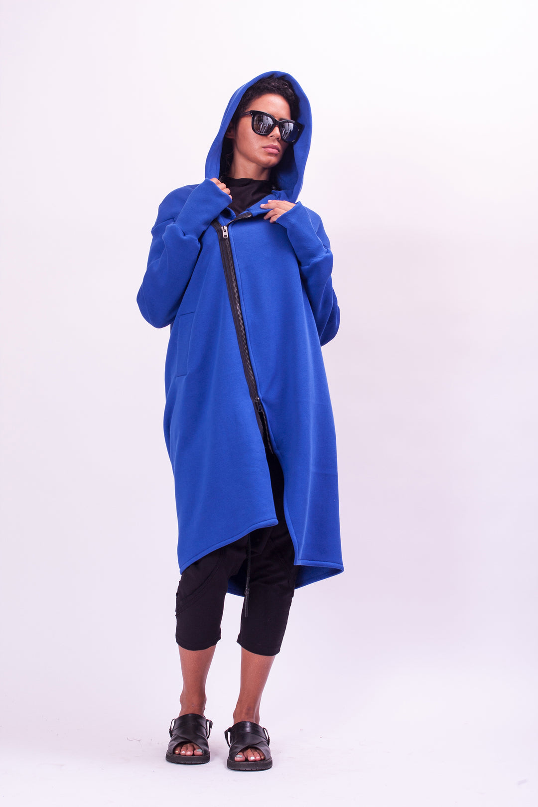 Blue Asymmetrical Hooded Sweatshirt