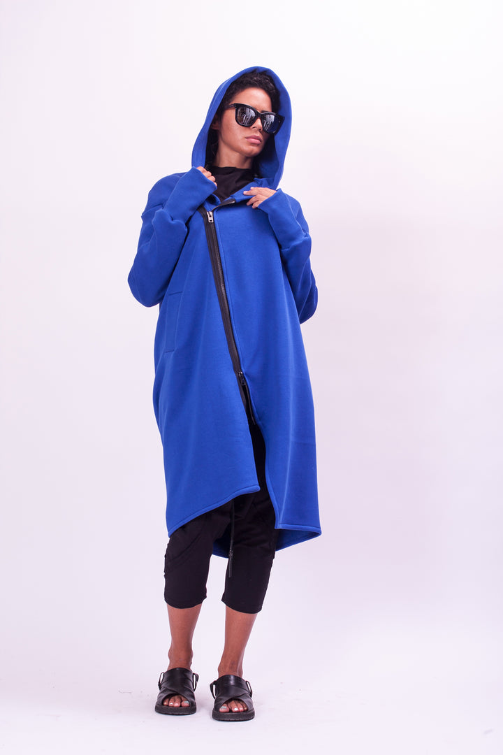 Blue Asymmetrical Hooded Sweatshirt