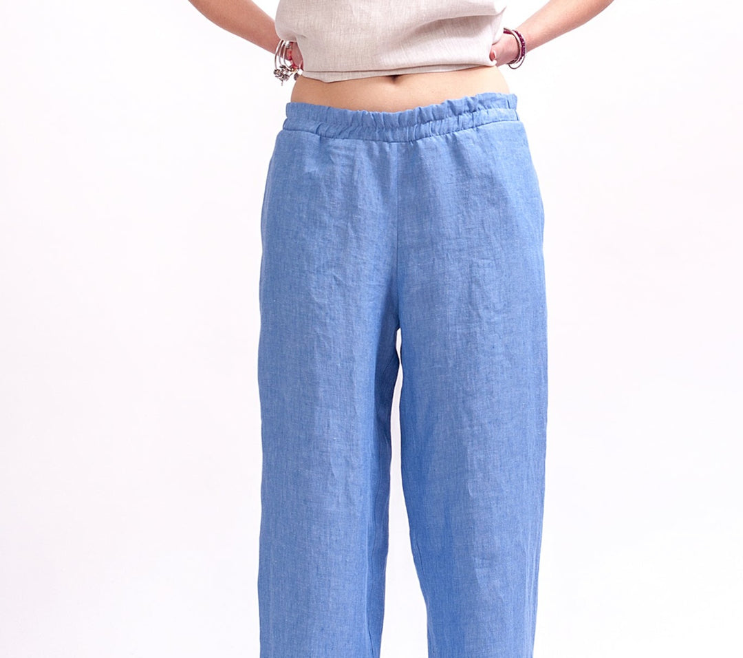 Blue Linen Elastic Waist Pants