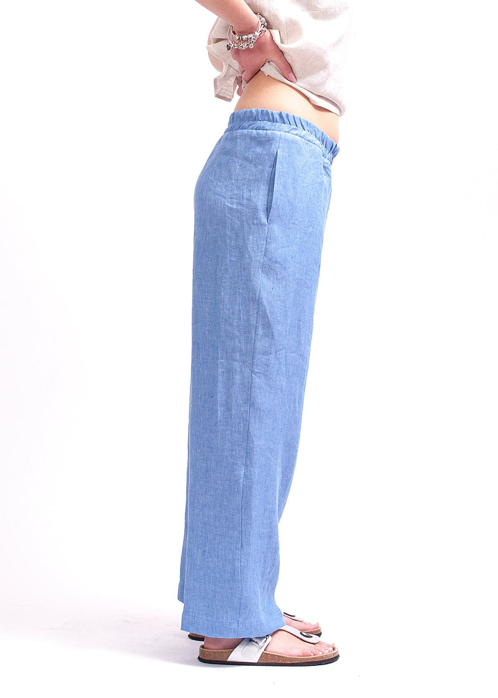 Blue Linen Elastic Waist Pants