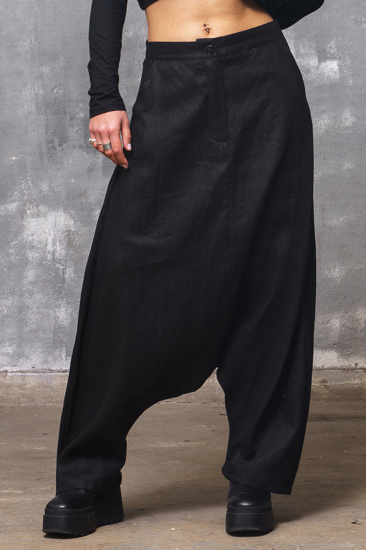 Black Organic Linen Drop Crotch Pants