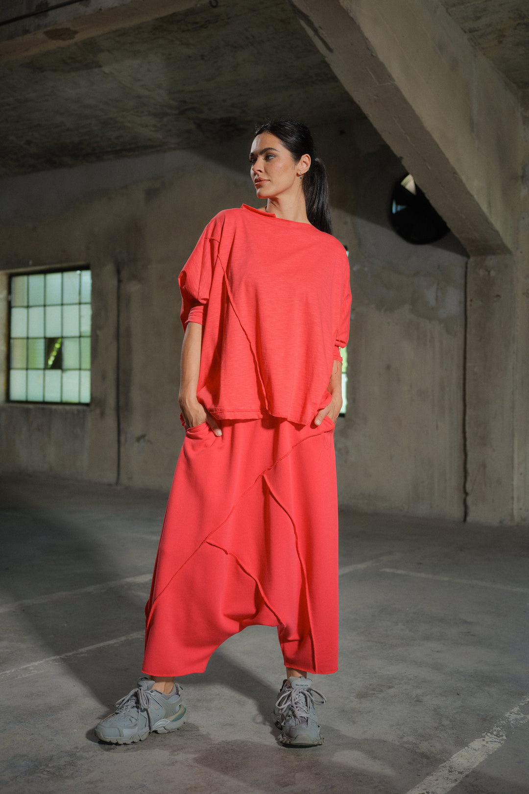 Avant garde cotton drop crotch pants with asymetrical seams