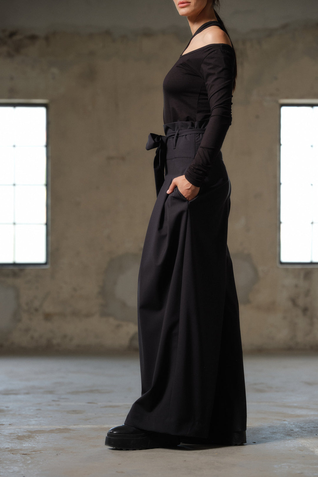 Black wide leg wool palazzo pants women with high waist