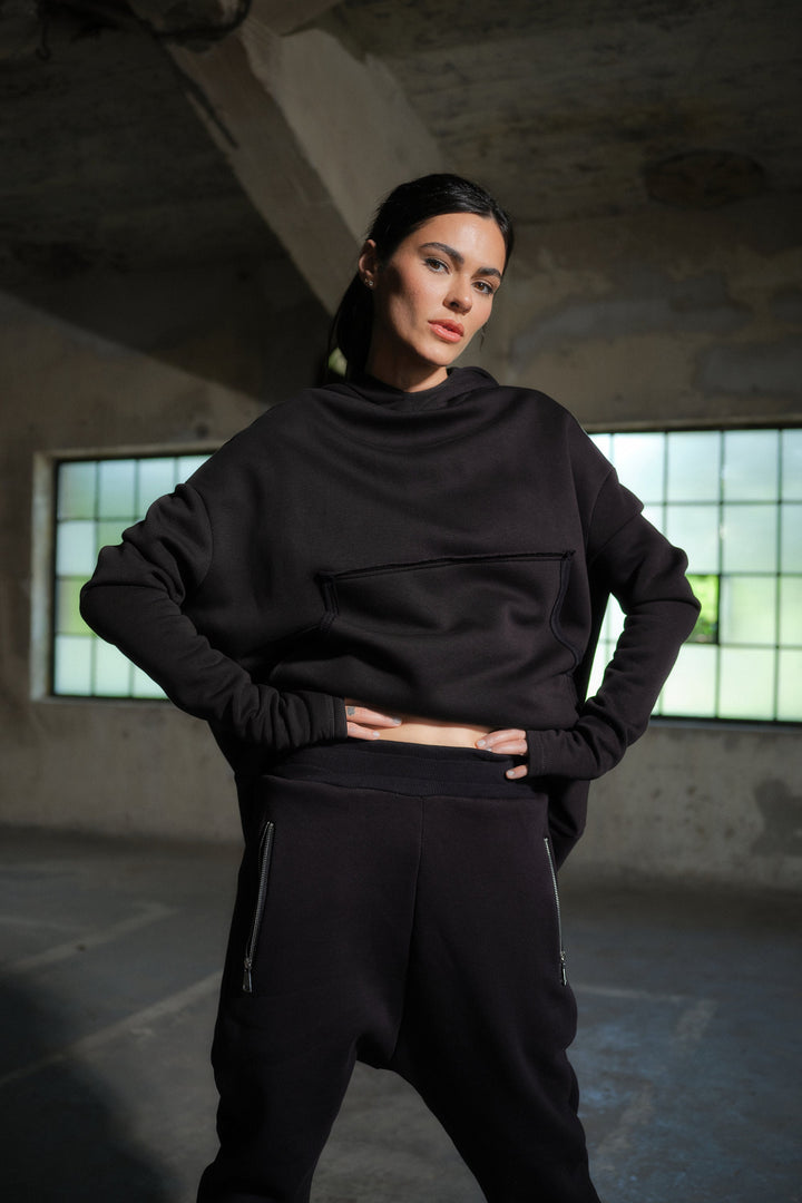 Black cotton tracksuit women - activewear two piece set