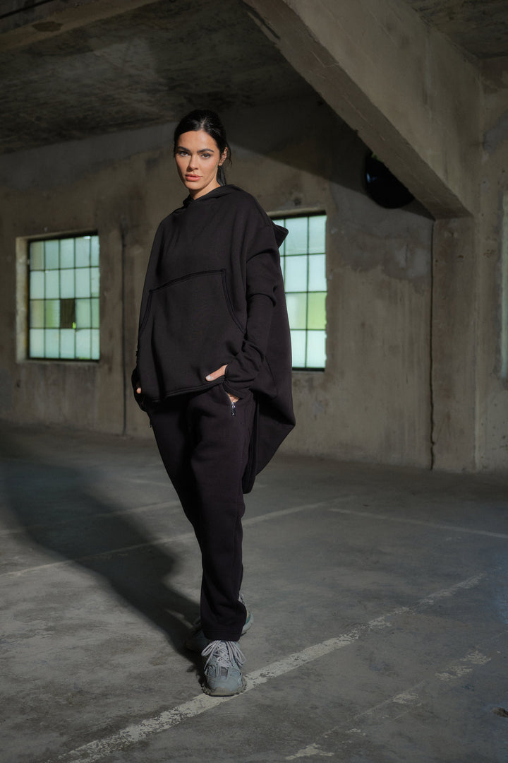 Black cotton tracksuit women - activewear two piece set