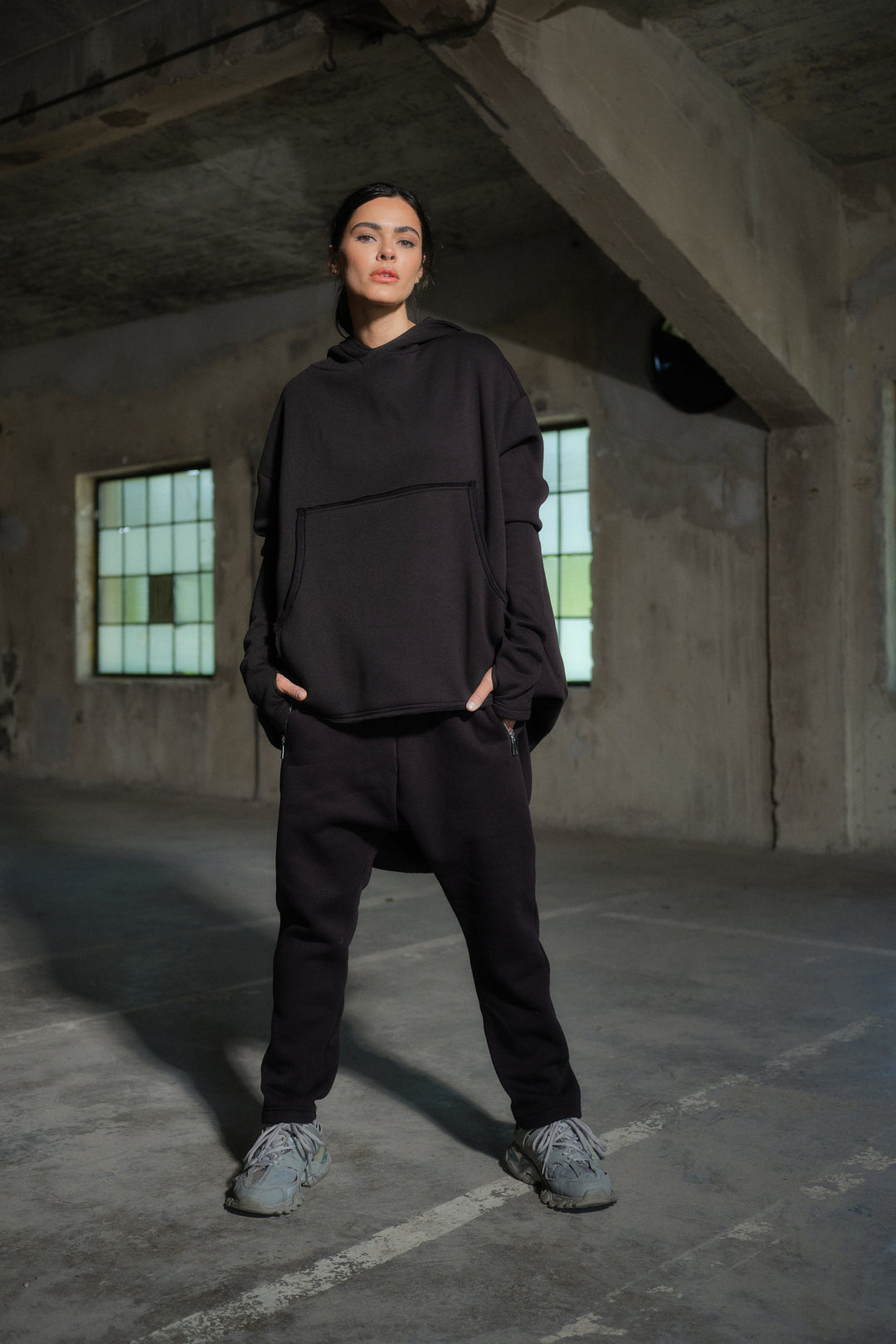 Black cotton tracksuit women - activewear two piece set