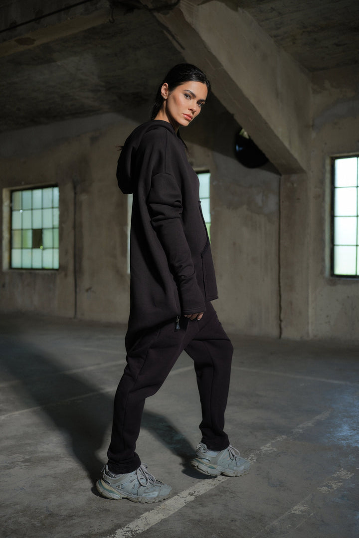 Black cotton tracksuit women - activewear two piece set