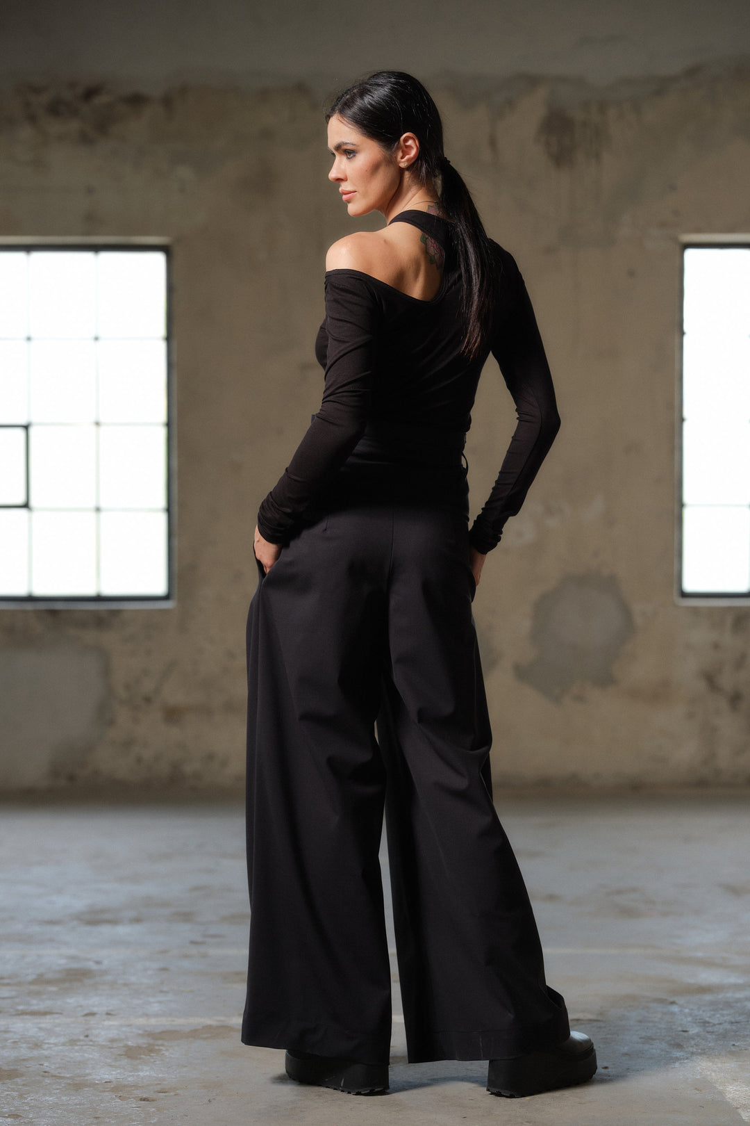 Black wide leg wool palazzo pants women with high waist