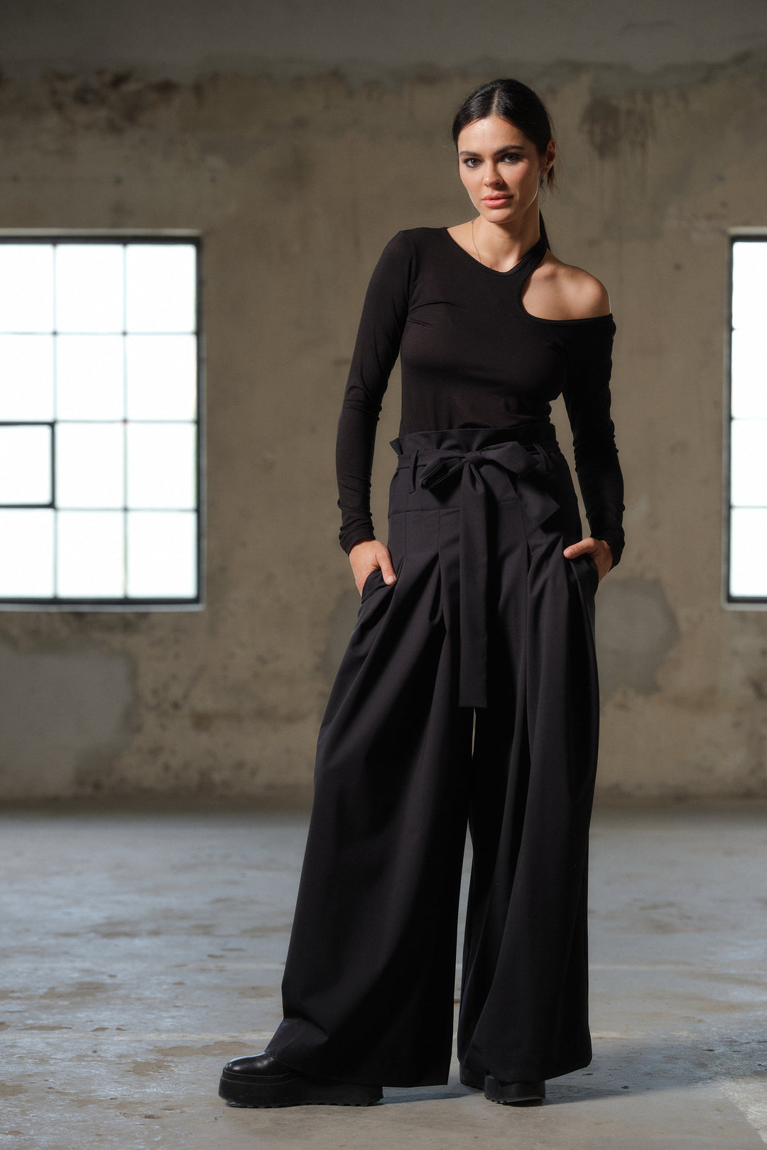 Black wide leg wool palazzo pants women with high waist