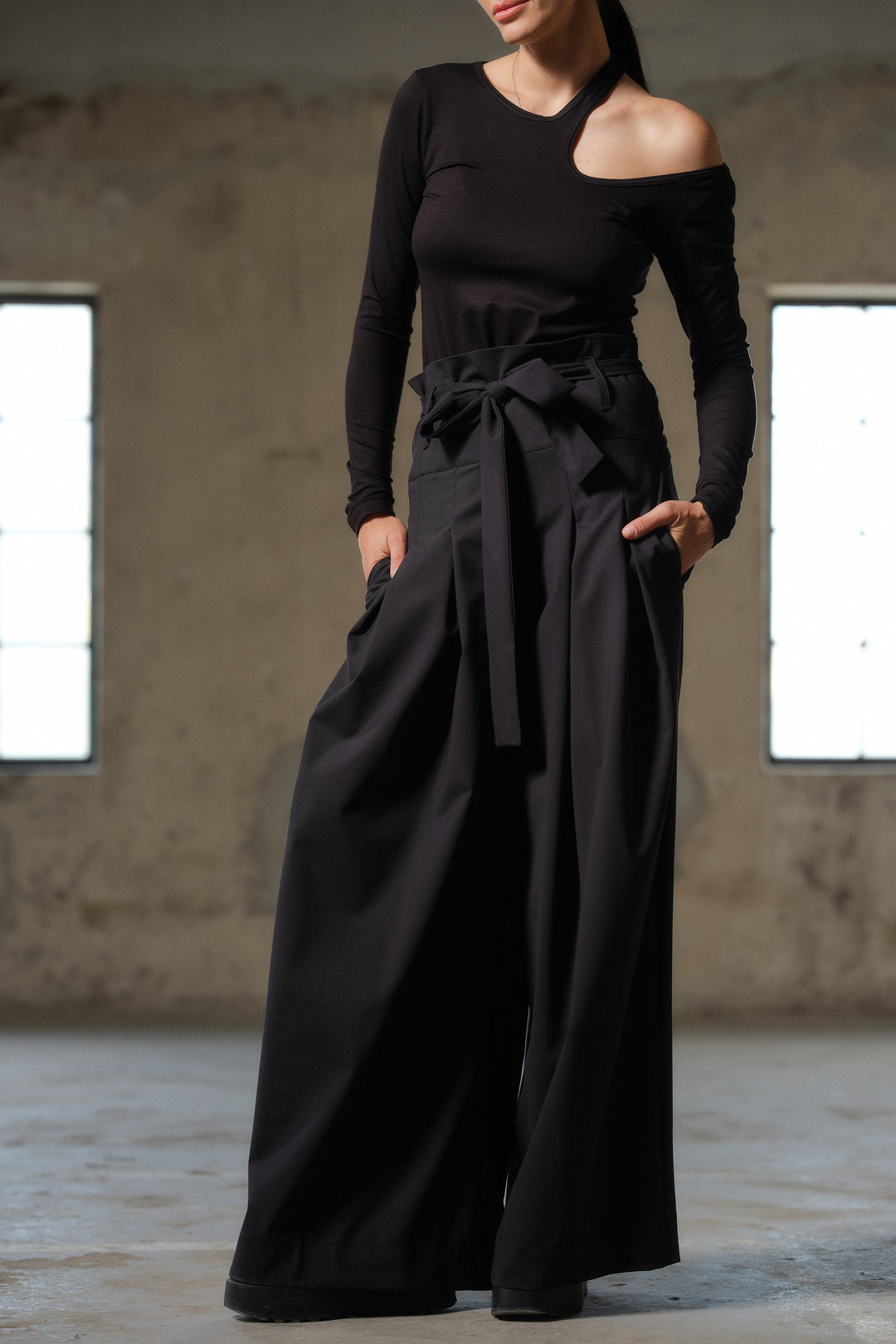 Black wide leg wool palazzo pants women with high waist