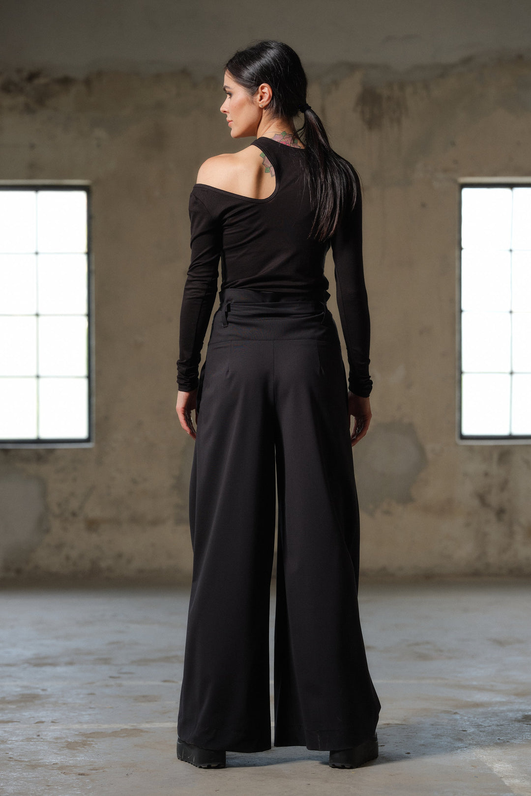 Black wide leg wool palazzo pants women with high waist